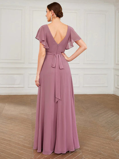 Short Ruffle Sleeve V-Neck Pleated Chiffon A-Line Evening Dress