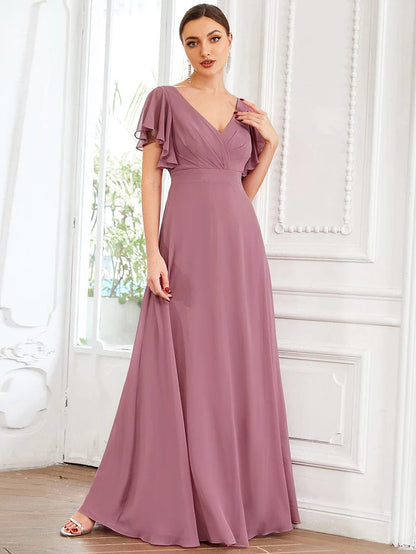 Short Ruffle Sleeve V-Neck Pleated Chiffon A-Line Evening Dress