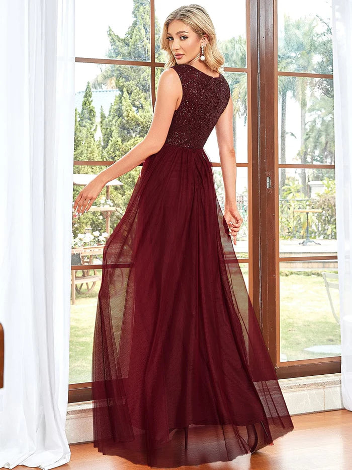 Sleeveless Sequin V-Neck Pleated Long Evening Dress