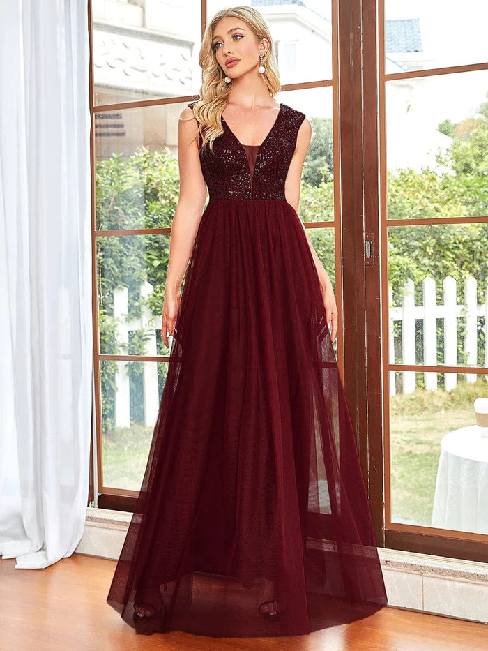 Sleeveless Sequin V-Neck Pleated Long Evening Dress