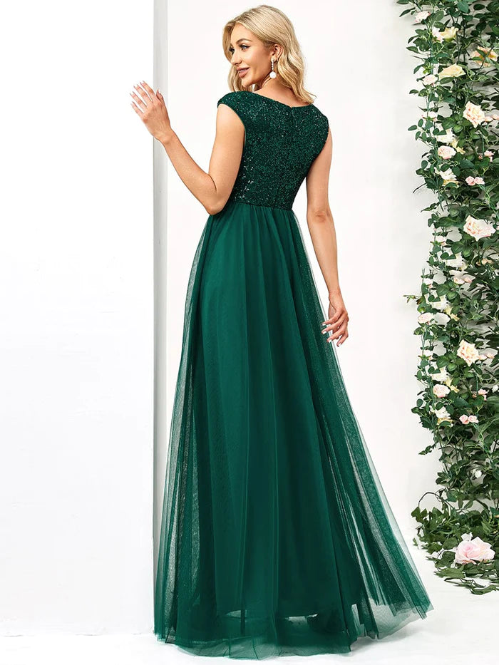 Sleeveless Sequin V-Neck Pleated Long Evening Dress