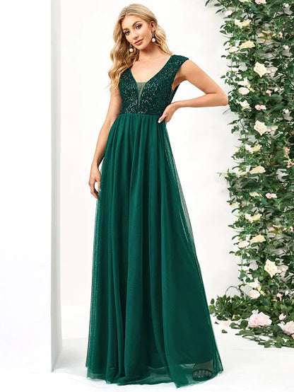 Sleeveless Sequin V-Neck Pleated Long Evening Dress