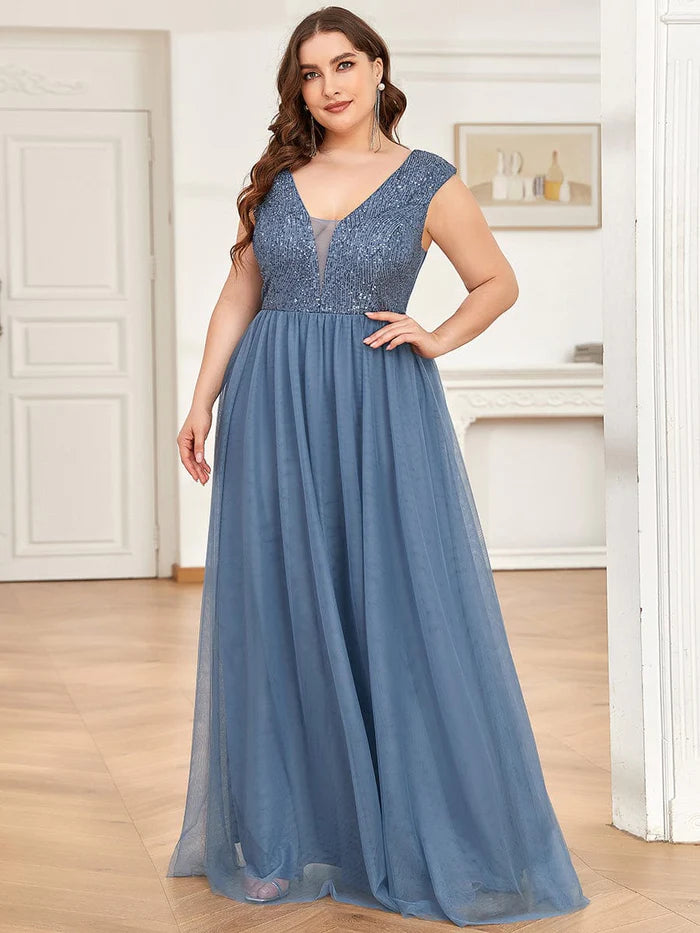 Sleeveless Sequin V-Neck Pleated Long Evening Dress