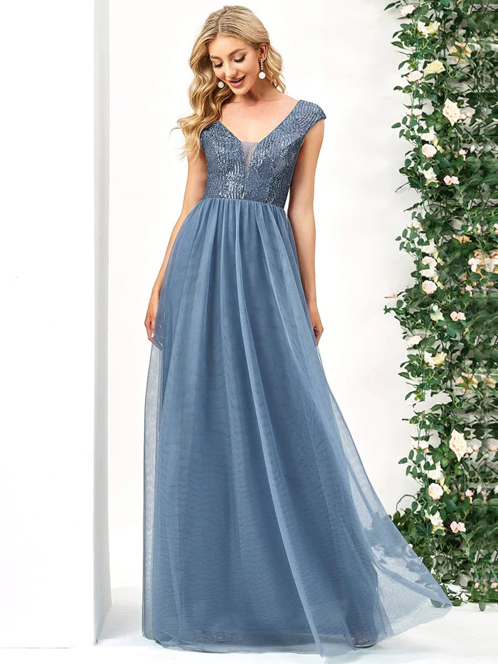 Sleeveless Sequin V-Neck Pleated Long Evening Dress