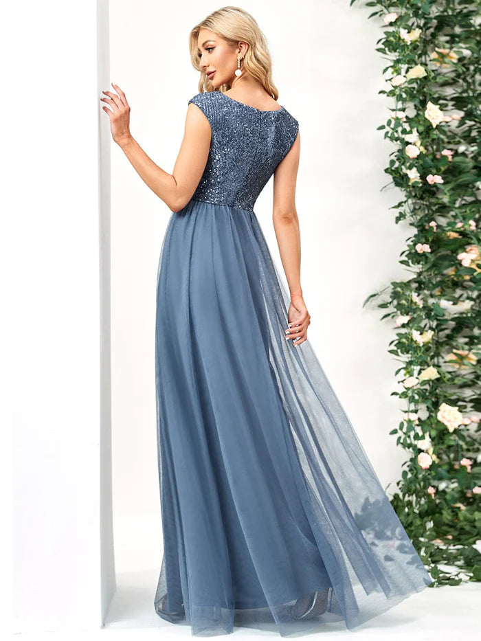 Sleeveless Sequin V-Neck Pleated Long Evening Dress