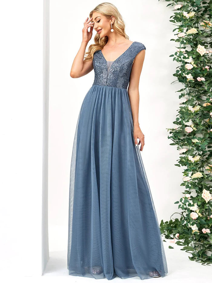 Sleeveless Sequin V-Neck Pleated Long Evening Dress