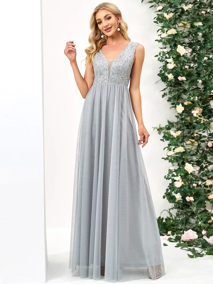 Sleeveless Sequin V-Neck Pleated Long Evening Dress