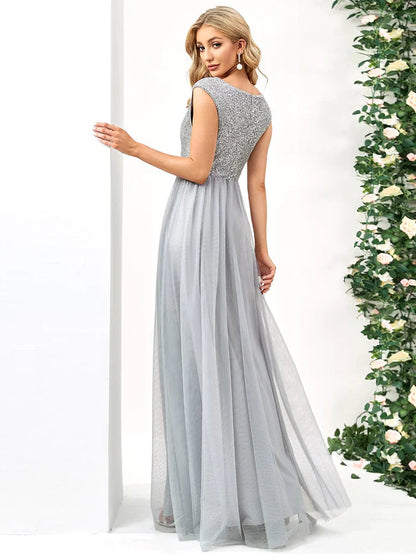 Sleeveless Sequin V-Neck Pleated Long Evening Dress