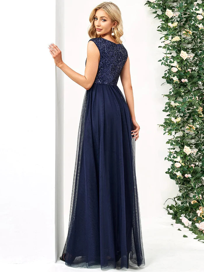 Sleeveless Sequin V-Neck Pleated Long Evening Dress