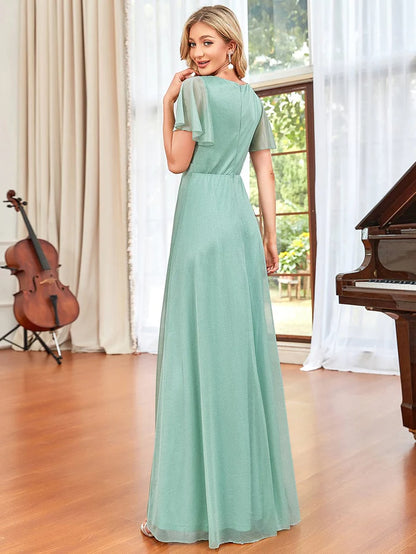 A-Line Sparkling V-Neckline Ruched Ruffle Flutter Outter Evening Dress