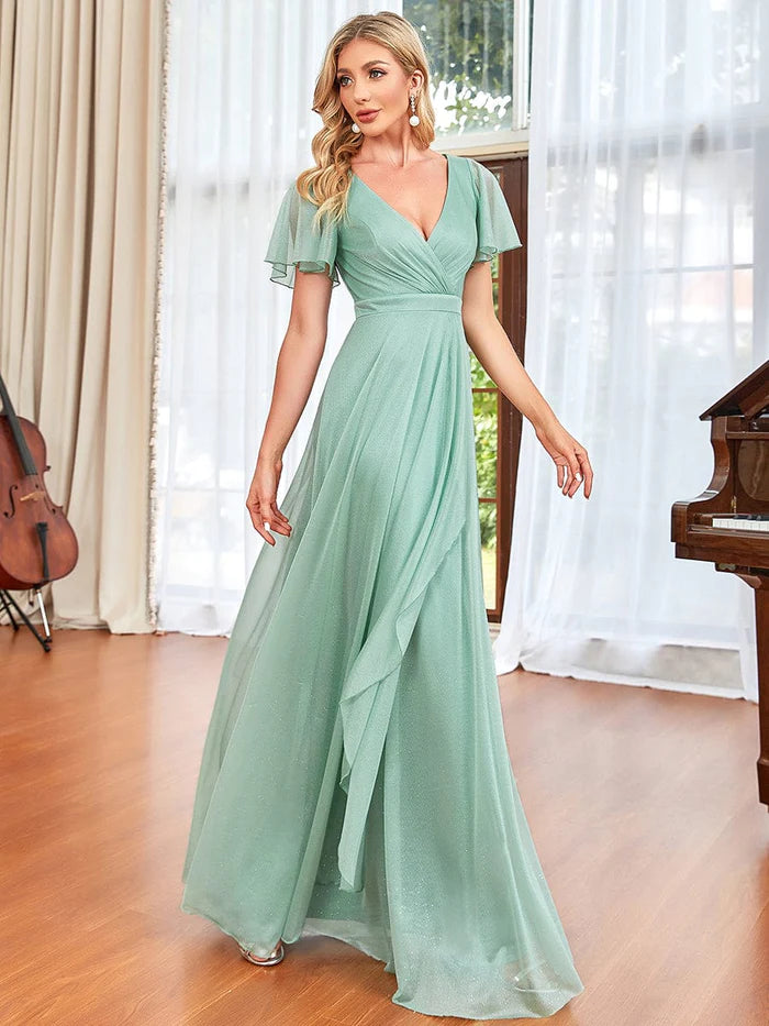 A-Line Sparkling V-Neckline Ruched Ruffle Flutter Outter Evening Dress