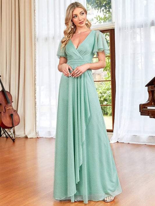 A-Line Sparkling V-Neckline Ruched Ruffle Flutter Outter Evening Dress