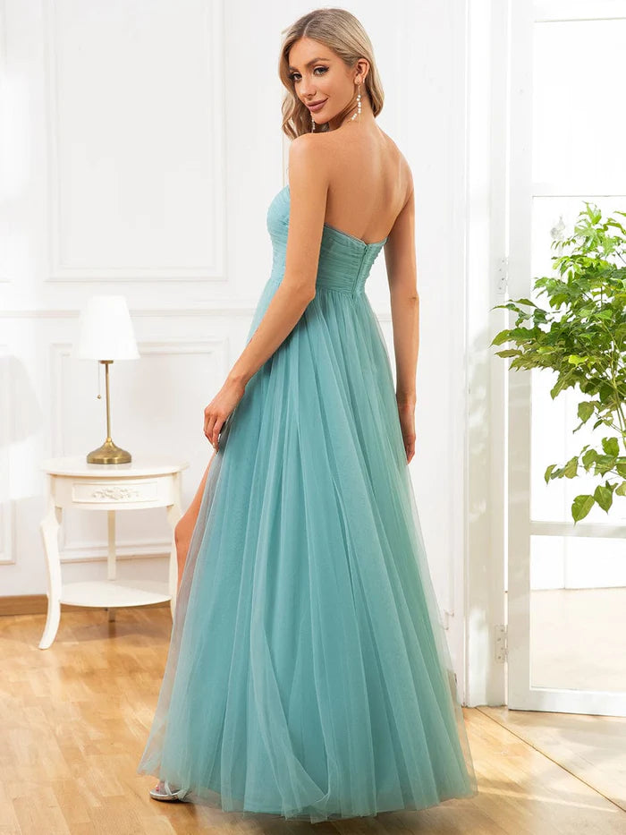 Front Slit Tulle High Slit Strapless Tube A-Line Evening Dress