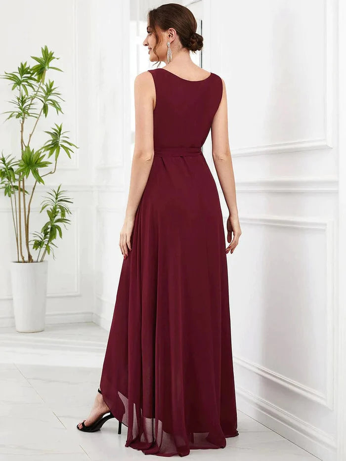 Sleeveless V-Neck Chiffon A-Line Layered Front Slit Evening Dress