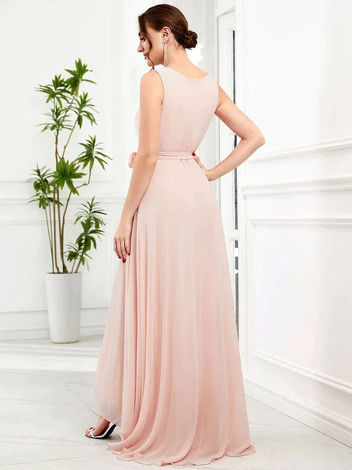 Sleeveless V-Neck Chiffon A-Line Layered Front Slit Evening Dress