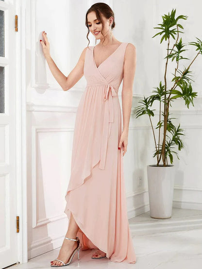 Sleeveless V-Neck Chiffon A-Line Layered Front Slit Evening Dress