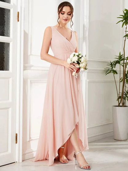 Sleeveless V-Neck Chiffon A-Line Layered Front Slit Evening Dress