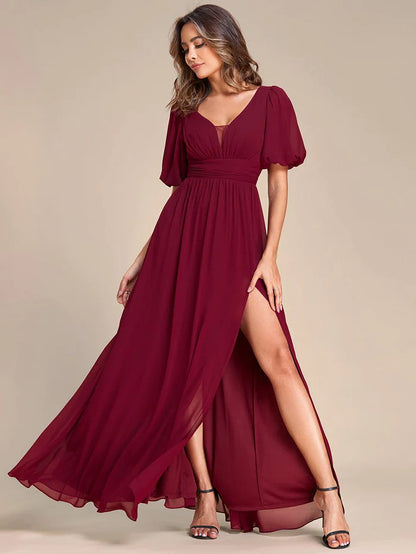 Short Sleeve V-Neck Front Slit Chiffon Evening Dress