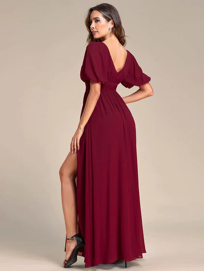 Short Sleeve V-Neck Front Slit Chiffon Evening Dress