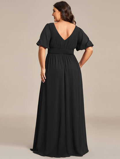 Short Sleeve V-Neck Front Slit Chiffon Evening Dress