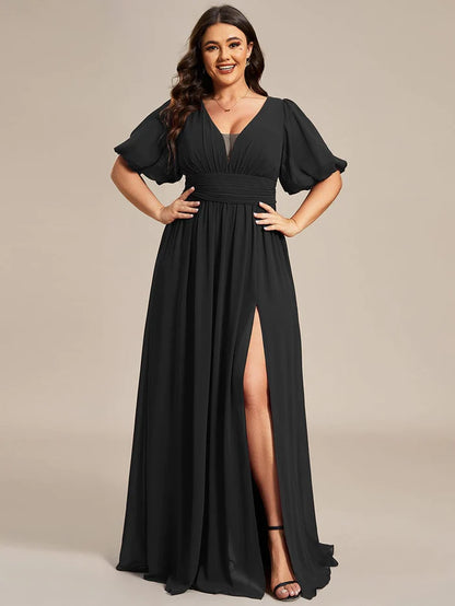 Short Sleeve V-Neck Front Slit Chiffon Evening Dress