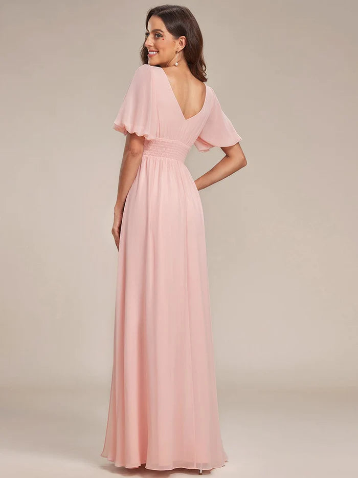 Short Sleeve V-Neck Front Slit Chiffon Evening Dress