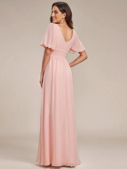 Short Sleeve V-Neck Front Slit Chiffon Evening Dress