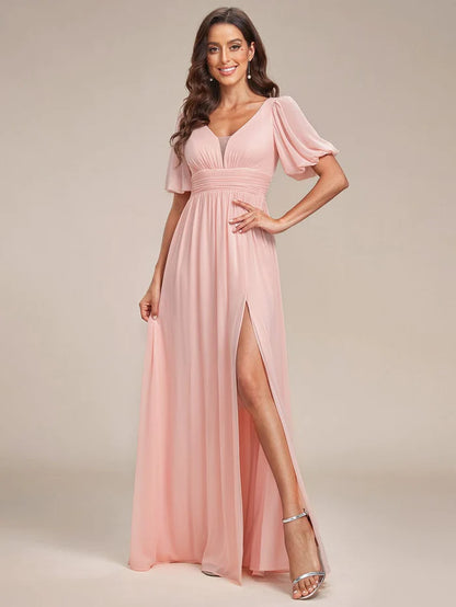 Short Sleeve V-Neck Front Slit Chiffon Evening Dress