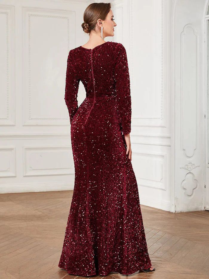 Sweetheart Long Sleeve Sequin Front Slit Bodycon Evening Dress