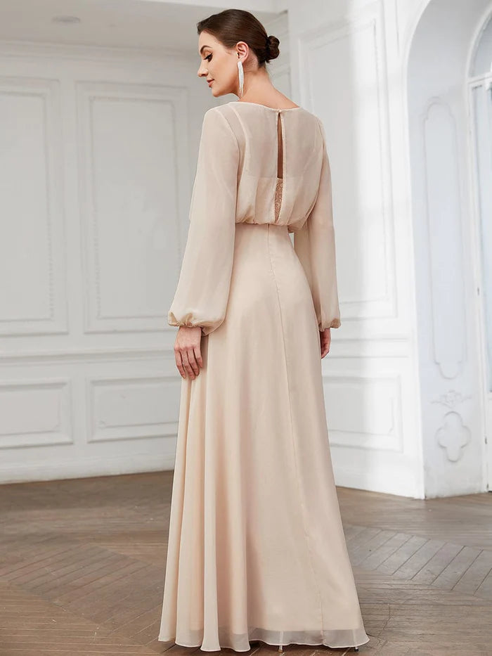 Sheer Peasant Long Sleeve Overlay Illusion Chiffon Evening Dress