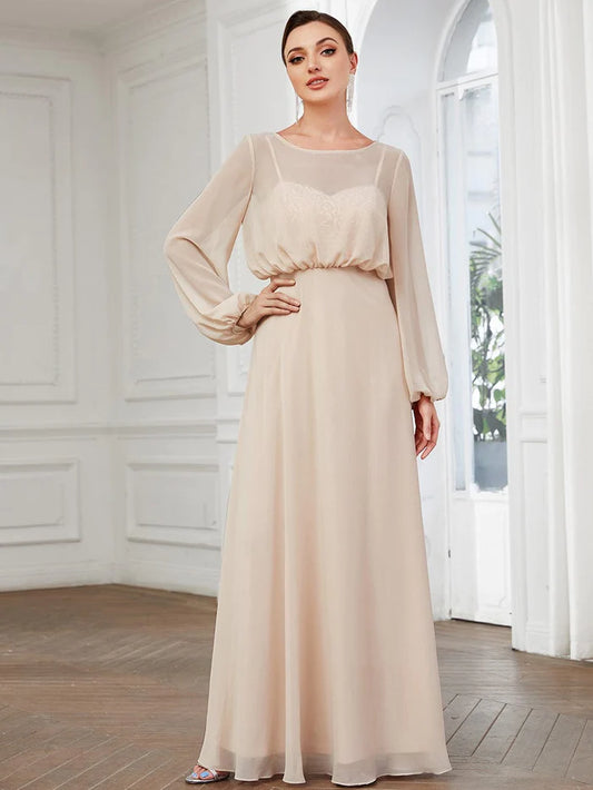 Sheer Peasant Long Sleeve Overlay Illusion Chiffon Evening Dress