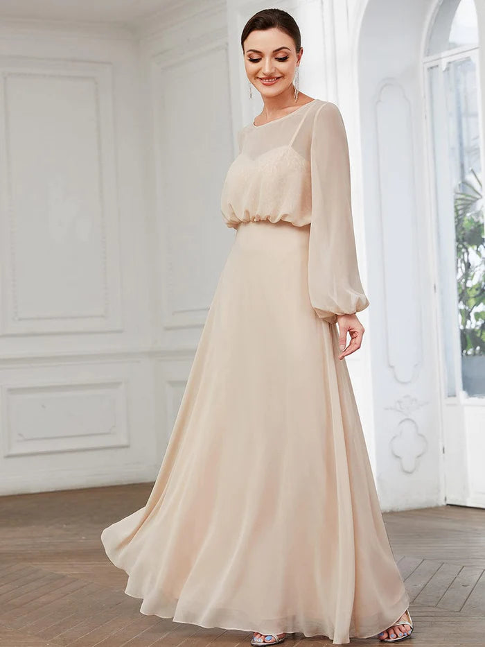 Sheer Peasant Long Sleeve Overlay Illusion Chiffon Evening Dress