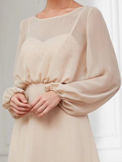 Sheer Peasant Long Sleeve Overlay Illusion Chiffon Evening Dress