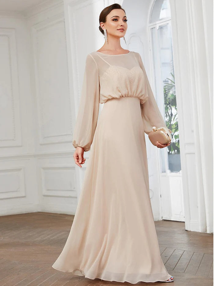 Sheer Peasant Long Sleeve Overlay Illusion Chiffon Evening Dress