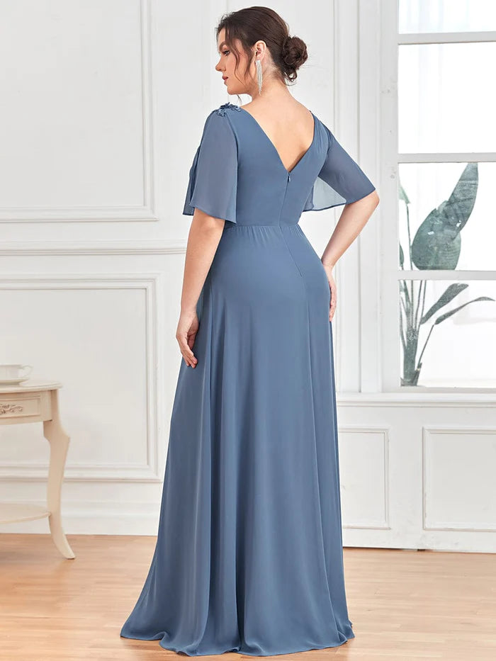 V-Neck Short Split Sleeve Sequin Applique Chiffon Evening Dress