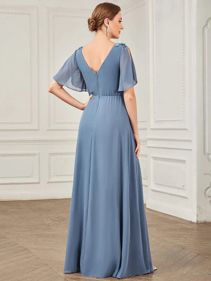 V-Neck Short Split Sleeve Sequin Applique Chiffon Evening Dress