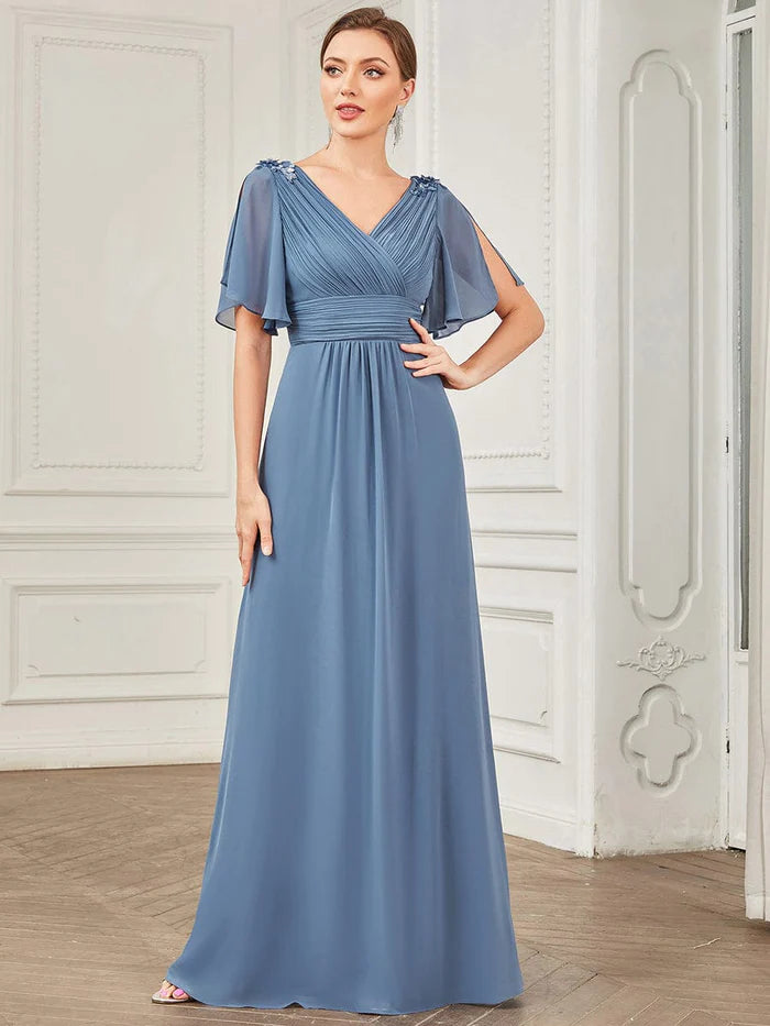 V-Neck Short Split Sleeve Sequin Applique Chiffon Evening Dress