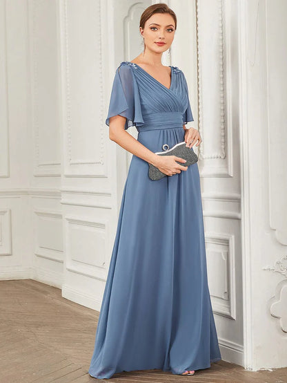 V-Neck Short Split Sleeve Sequin Applique Chiffon Evening Dress