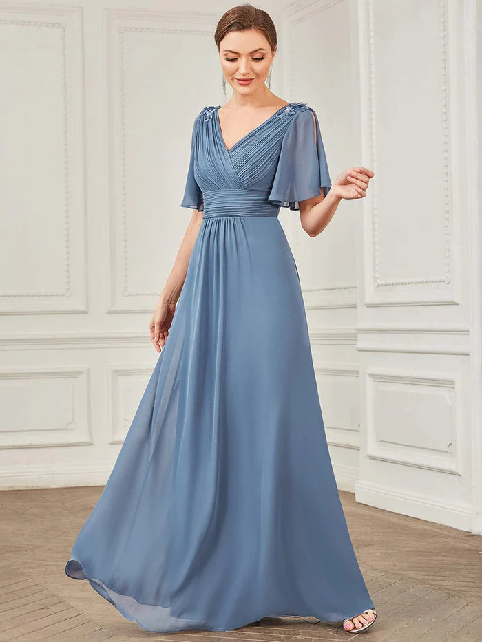 V-Neck Short Split Sleeve Sequin Applique Chiffon Evening Dress