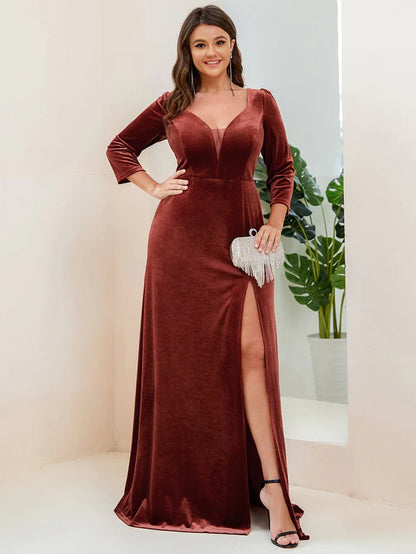 Velvet 3/4 Length Sleeve Illusion V-Neck Front Slit Evening Dress