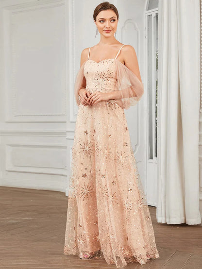 Draped Tulle Cold Shoulder Sequin A-Line Evening Dress