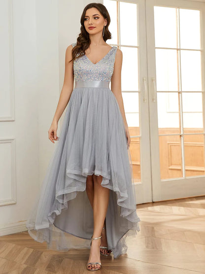 Sequin V-Neck Sleeveless High Low Evening Dress