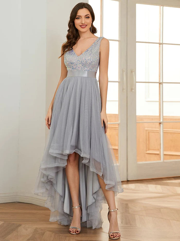 Sequin V-Neck Sleeveless High Low Evening Dress