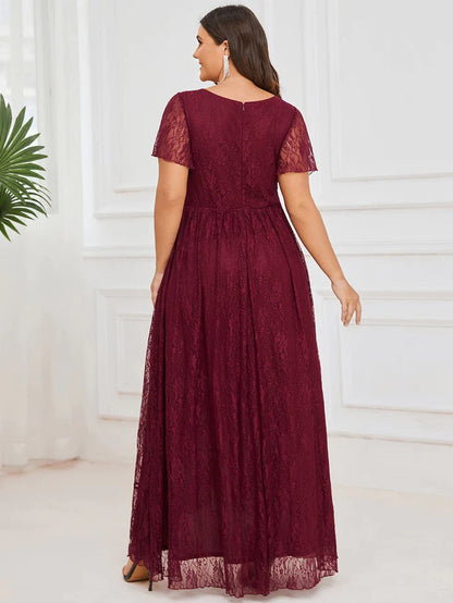 Plus Size Short Sleeve Ruffled V-Neck A-Line Lace Evening Dress