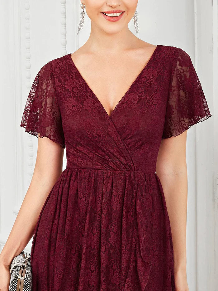 Pleated V-Neck Short Sleeve Ruffled Lace Evening Dress