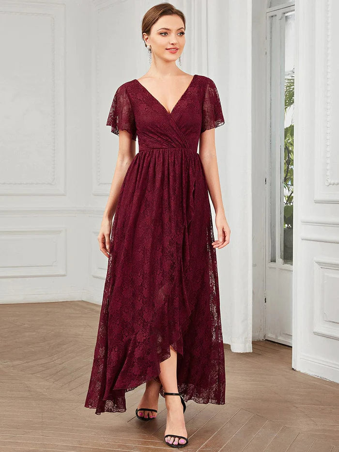 Pleated V-Neck Short Sleeve Ruffled Lace Evening Dress