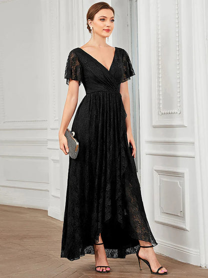 Pleated V-Neck Short Sleeve Ruffled Lace Evening Dress