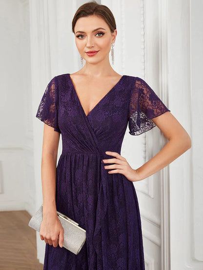 Pleated V-Neck Short Sleeve Ruffled Lace Evening Dress