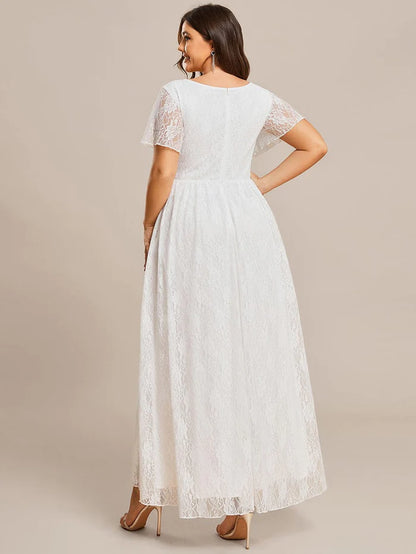 Plus Size Short Sleeve Ruffled V-Neck A-Line Lace Evening Dress