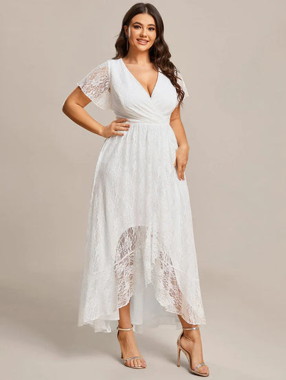 Pleated V-Neck Short Sleeve Ruffled Lace Evening Dress